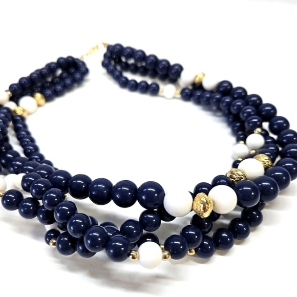 VINTAGE Multi-Strand Blue & White Plastic Beaded Bead Necklace - Picture 5 of 5